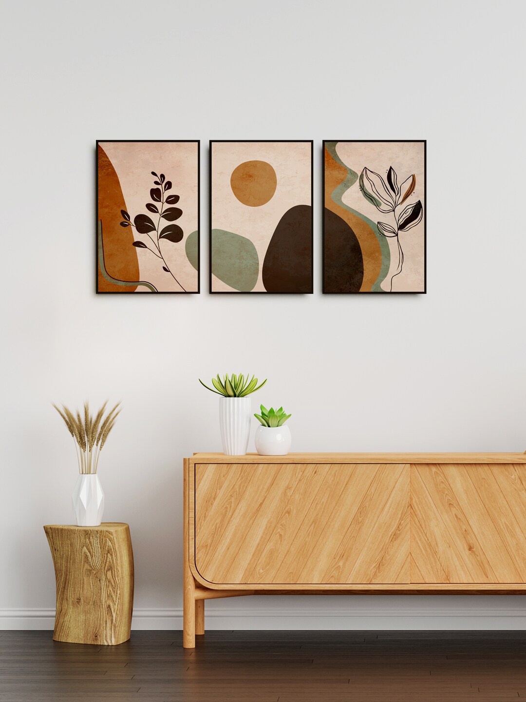 

999Store Set Of 3 Beige & Brown Printed Flower Painting Wall Art