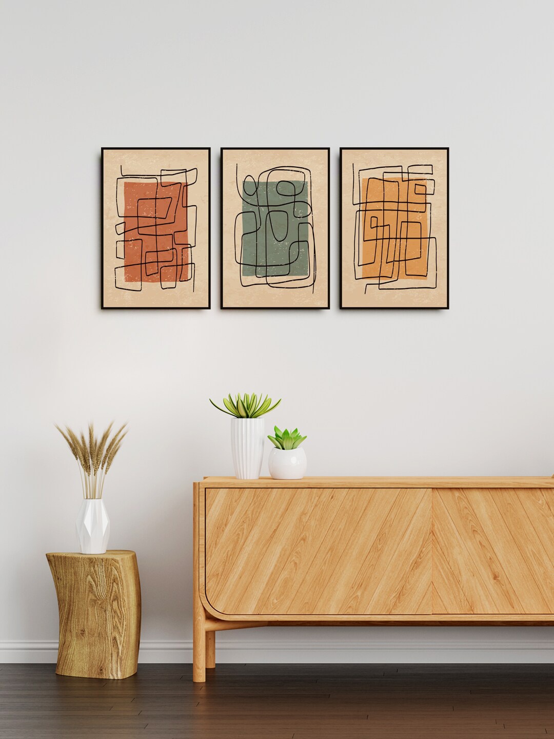 

999Store Set Of 3 Green & Beige Toned Line Art Painting Wall Art, Nude