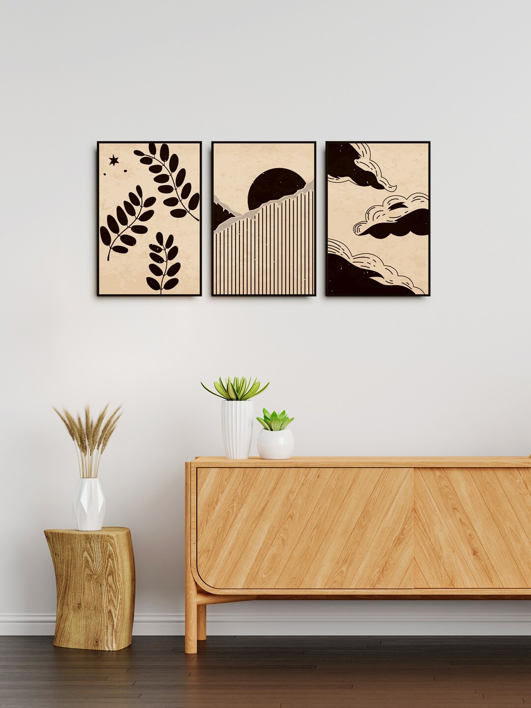 

999Store Set Of 3 Brown Abstract Art Painting With Clouds & Sun Black Leaf Painting Wall Art