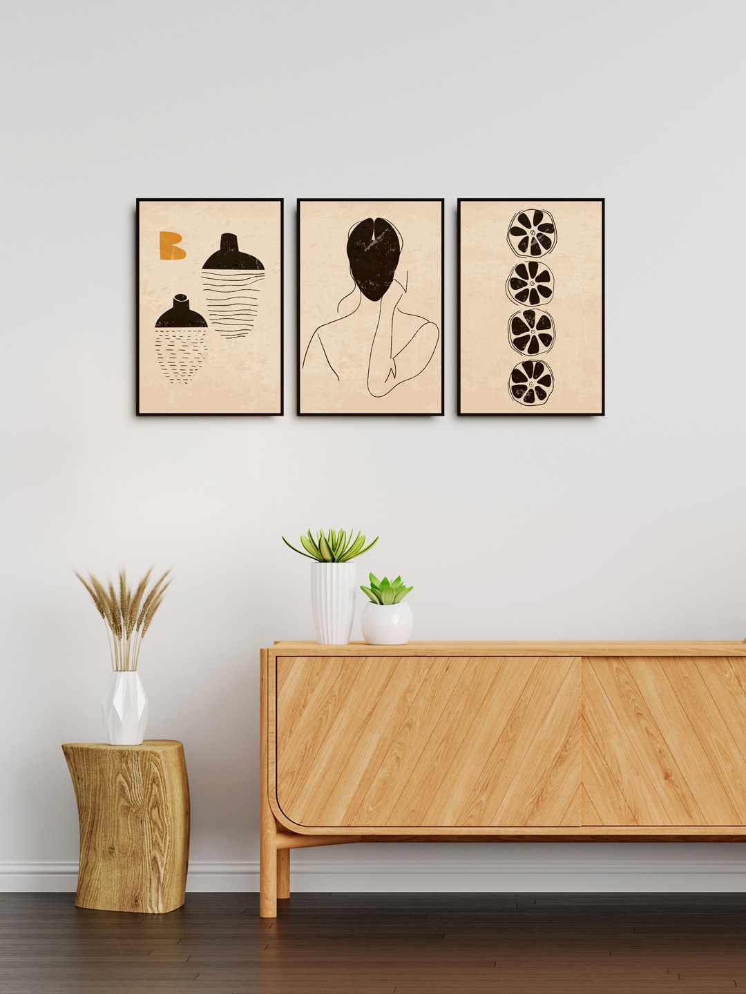 

999Store Set Of 3 Nude Colored & Black Abstract Painting Wall Art