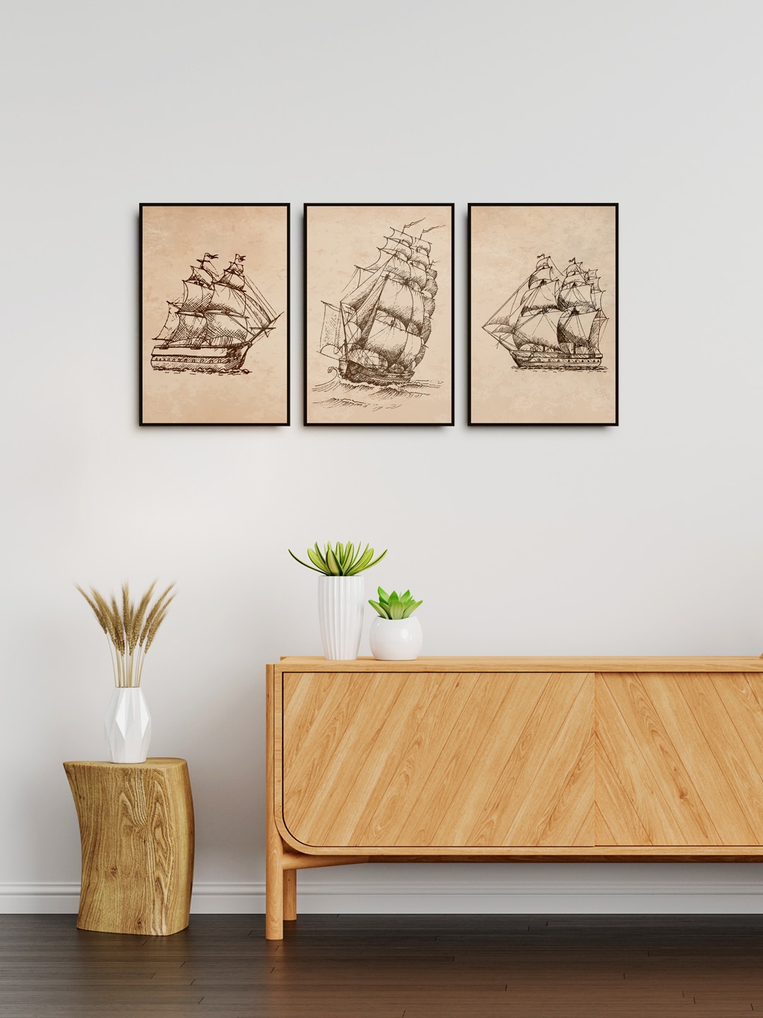 

999Store Set Of 3 Brown Printed Modern Ship Art Framed Wall Painting