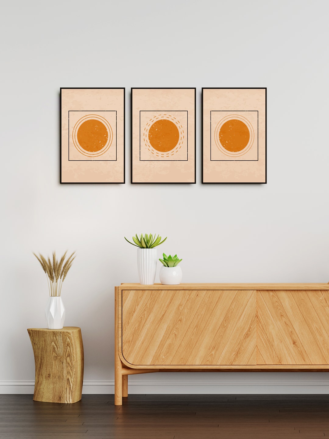 

999Store Set Of 3 Nude Colored & Mustard Modern Golden Round Circle Art Painting Wall Art