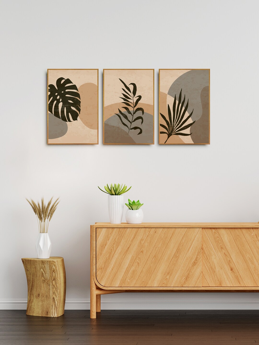 

999Store Set of 3 Brown & Beige Palm Leaf Wall Art Painting Wall Art