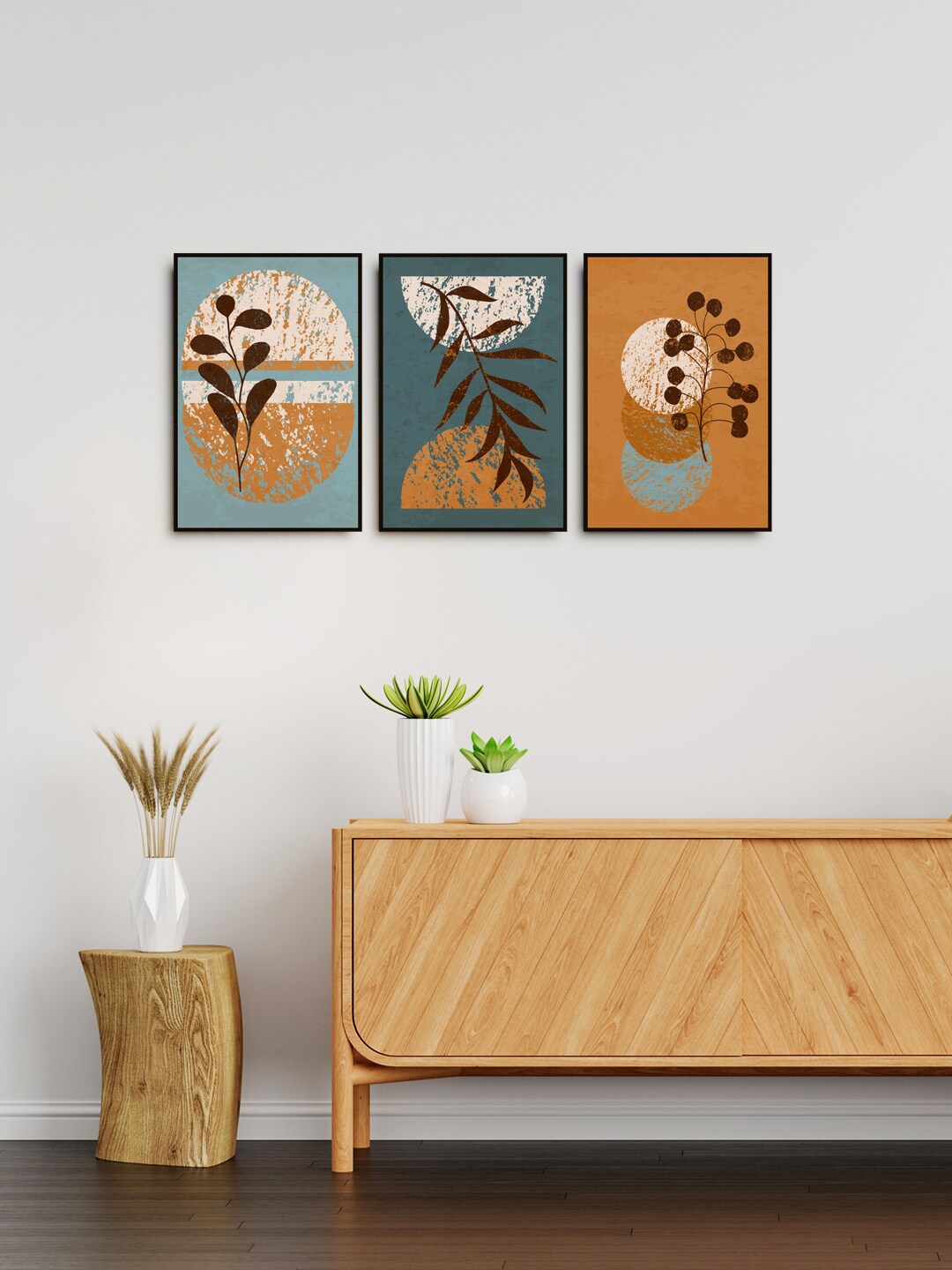 

999Store Set Of 3 Brown & Green Abstract Framed Wall Painting