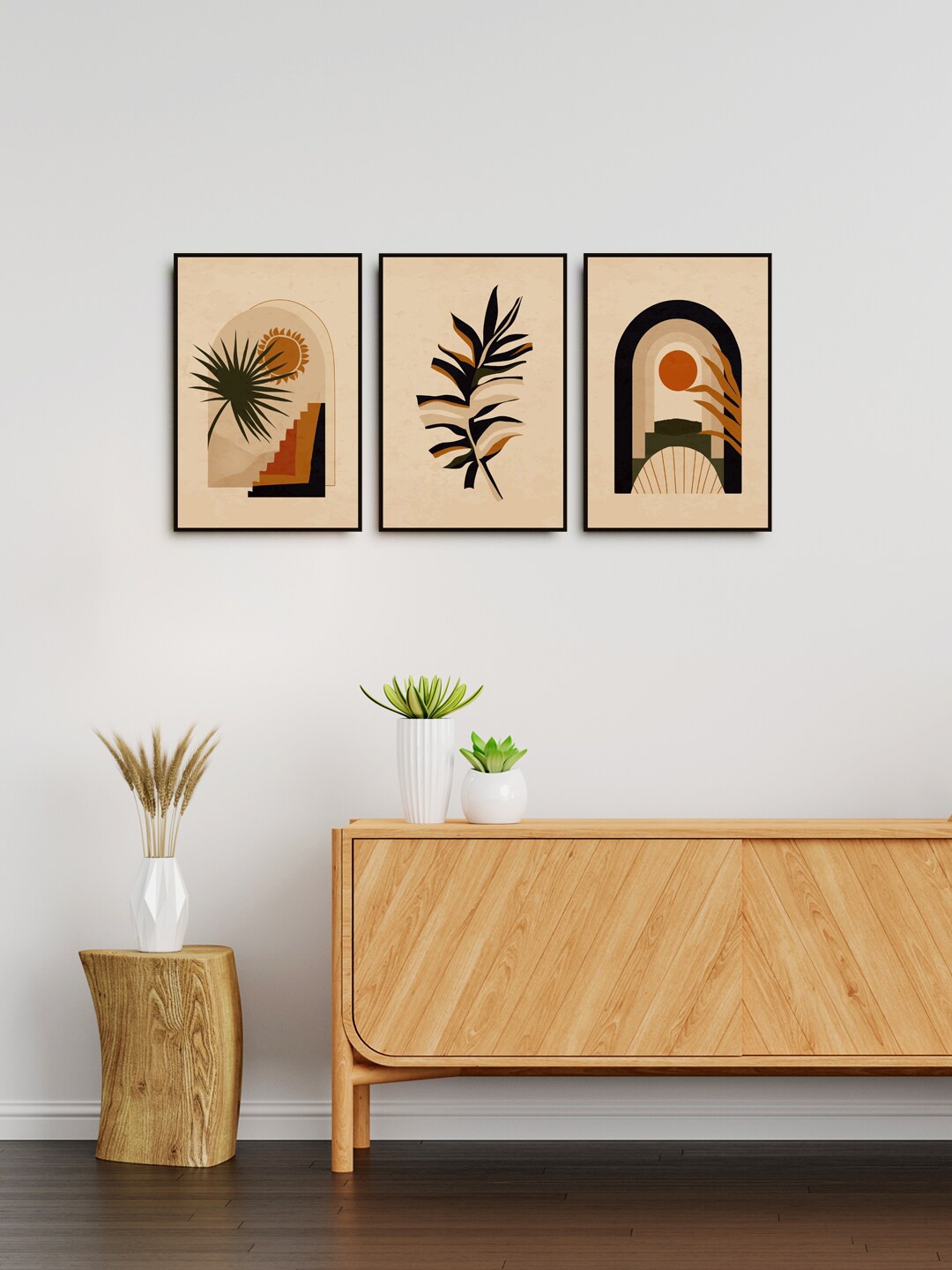 

999Store Set Of 3 Botanical Leaf With Sun Painting Wall Art, Brown