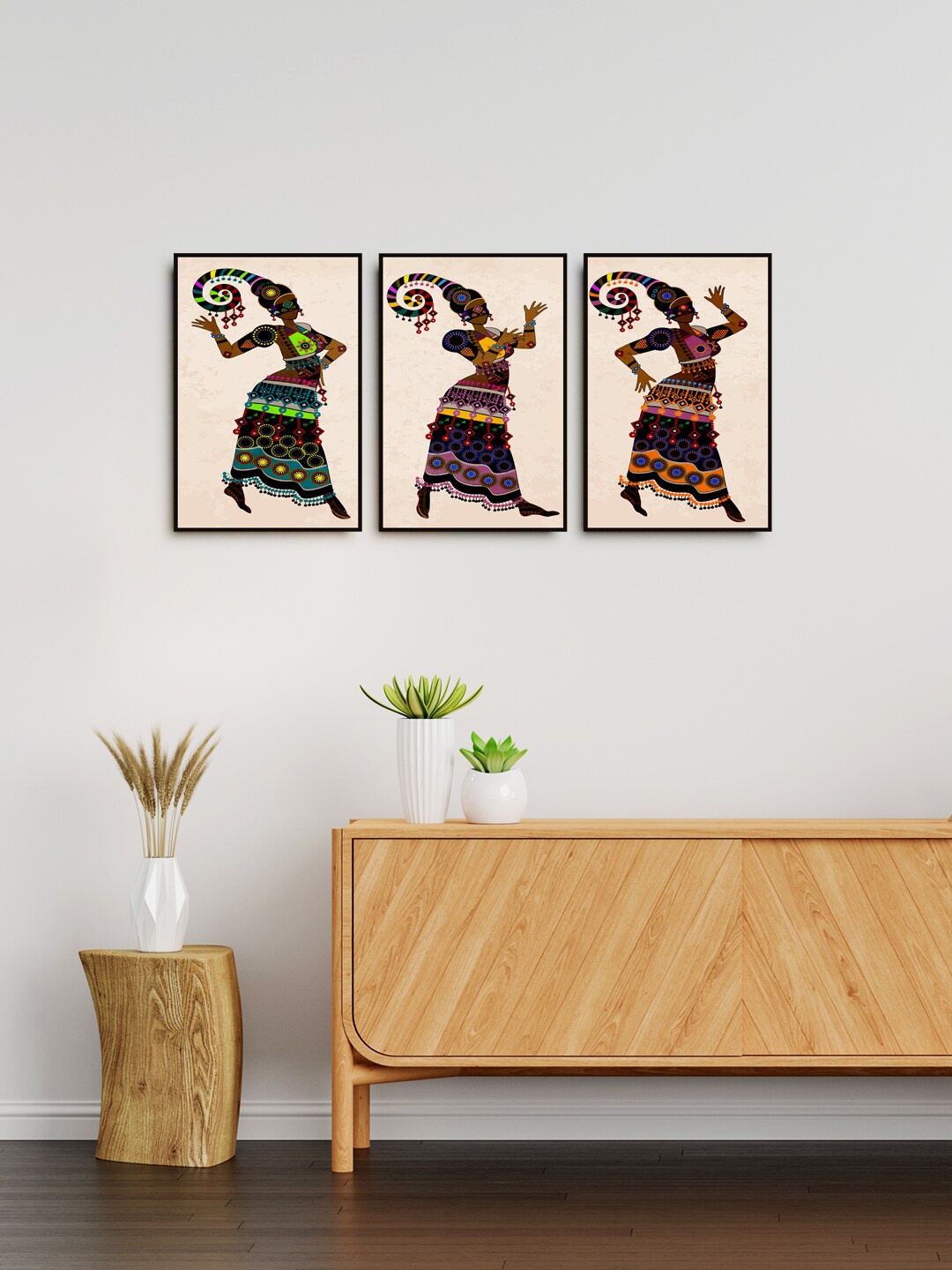 

999Store Set Of 3 Cream-Coloured & Brown Women Painting Wall Art