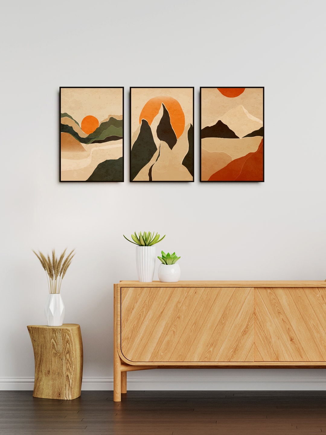 

999Store Set Of 3 Beige & Green Printed Abstract Landscape Framed Wall Painting