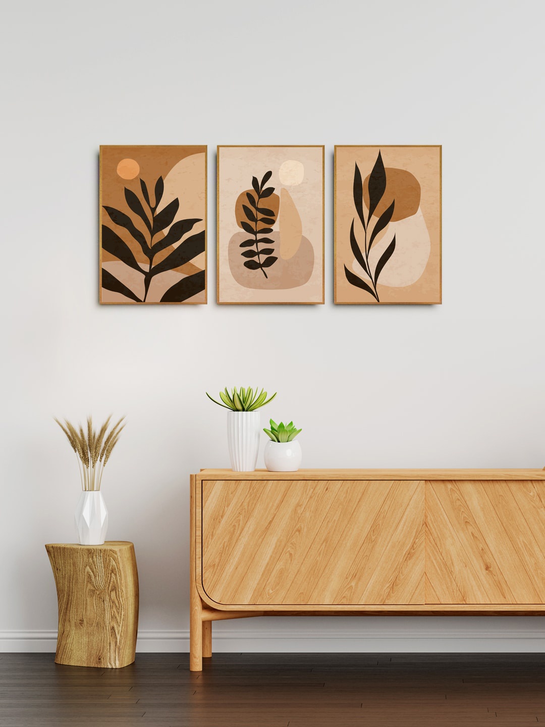 

999Store Set Of 3 Brown & Black Abstract Floral Leaf Panting Wall Art