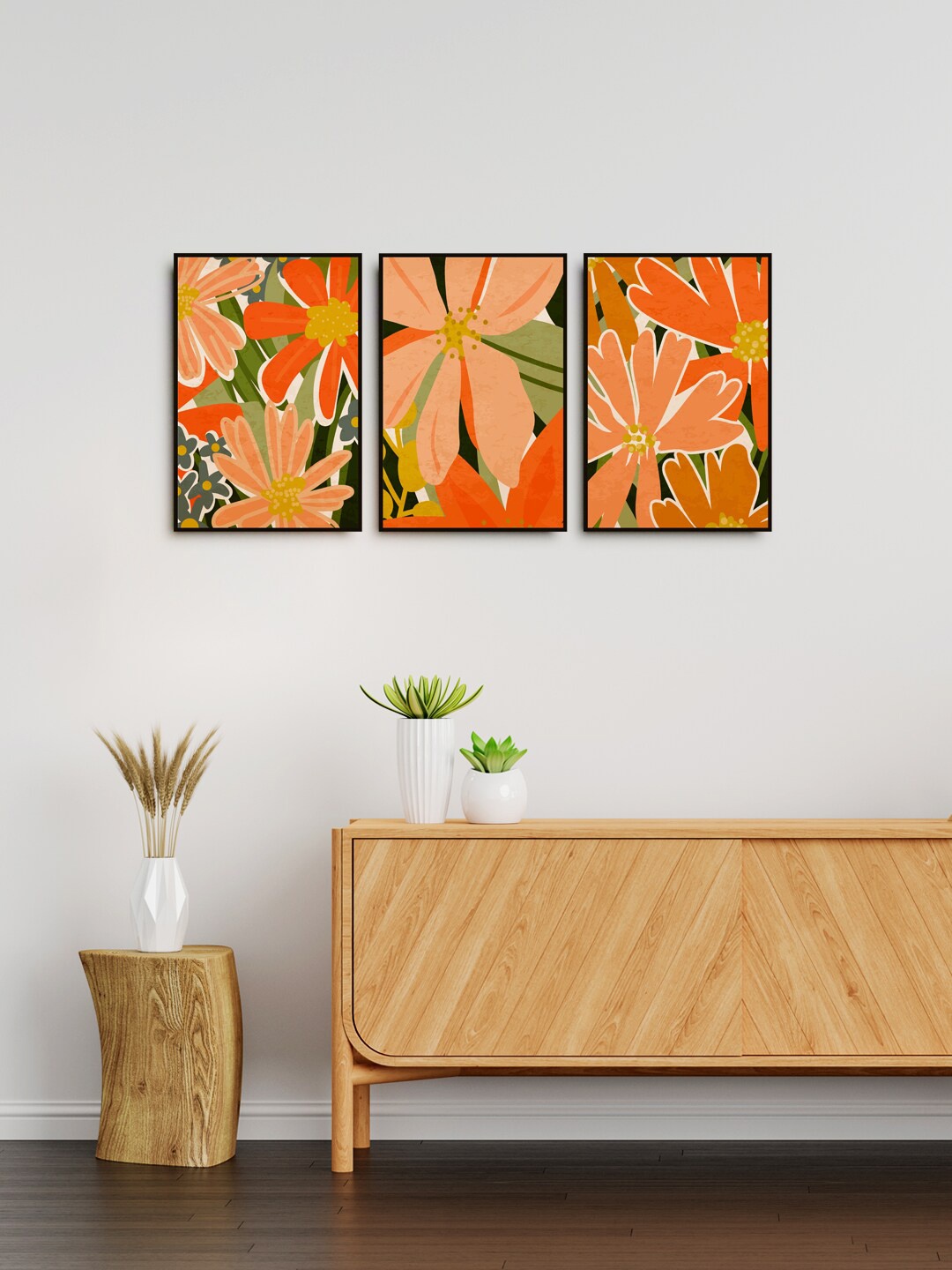 

999Store Set of 3 Orange & Green Printed Tropical Flower Painting Wall Art