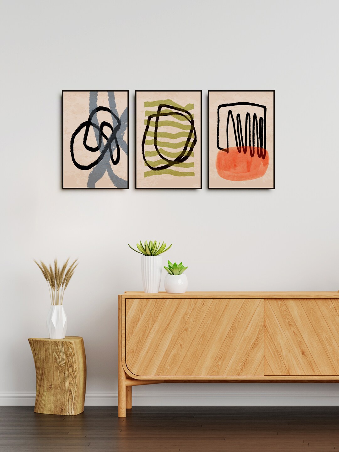 

999Store Set Of 3 Brown & Green Abstract Line Art Painting Wall Art