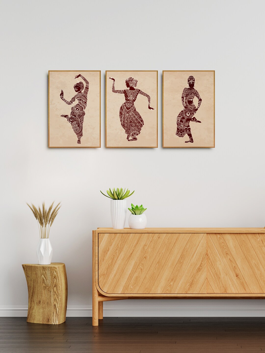 

999Store Set Of 3 Brown Bharatanatyam Dancing Girl Framed Wall Art Paintings