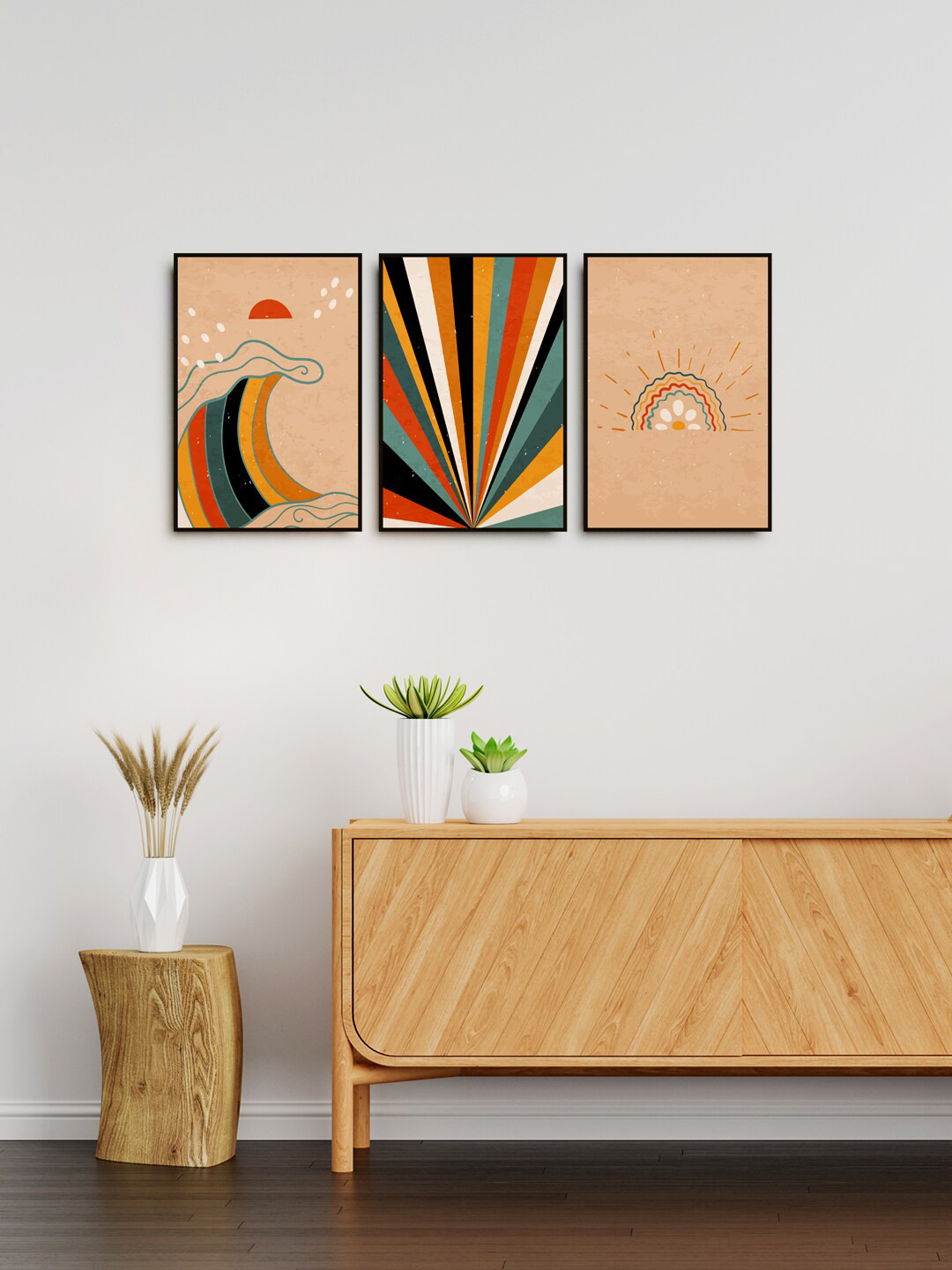 

999Store Set Of 3 Beige Printed Abstract Framed Wall Painting