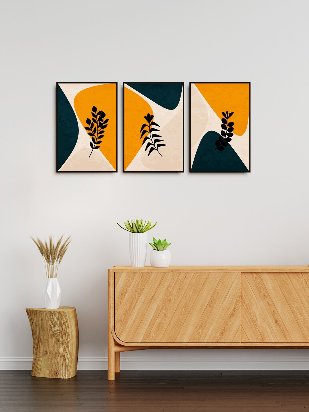 

999Store Set Of 3 Green & Orange-colored Abstract Painting Wall Art