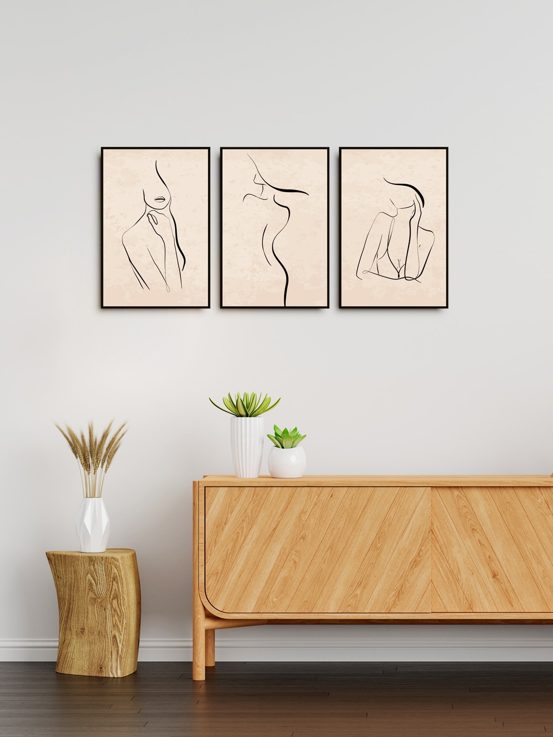 

999Store Set Of 3 Nude & Black Printed Continuous Line Drawing Woman Art Framed Wall Painting