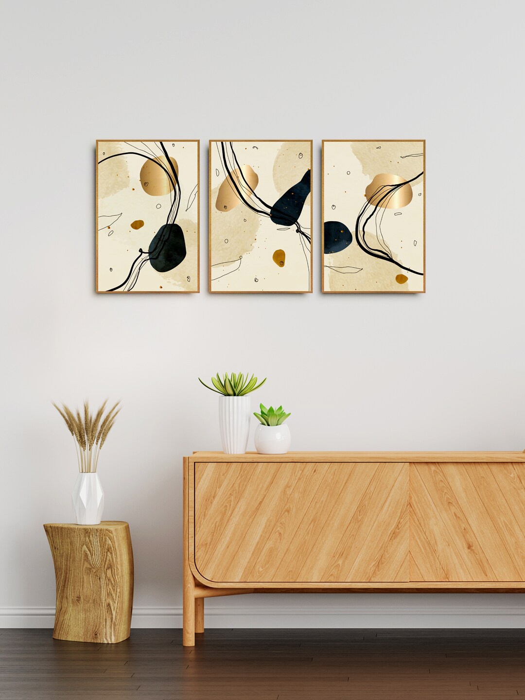 

999Store Set Of 3 Gold Coloured & Black Abstract Canvas Painted Wall Art