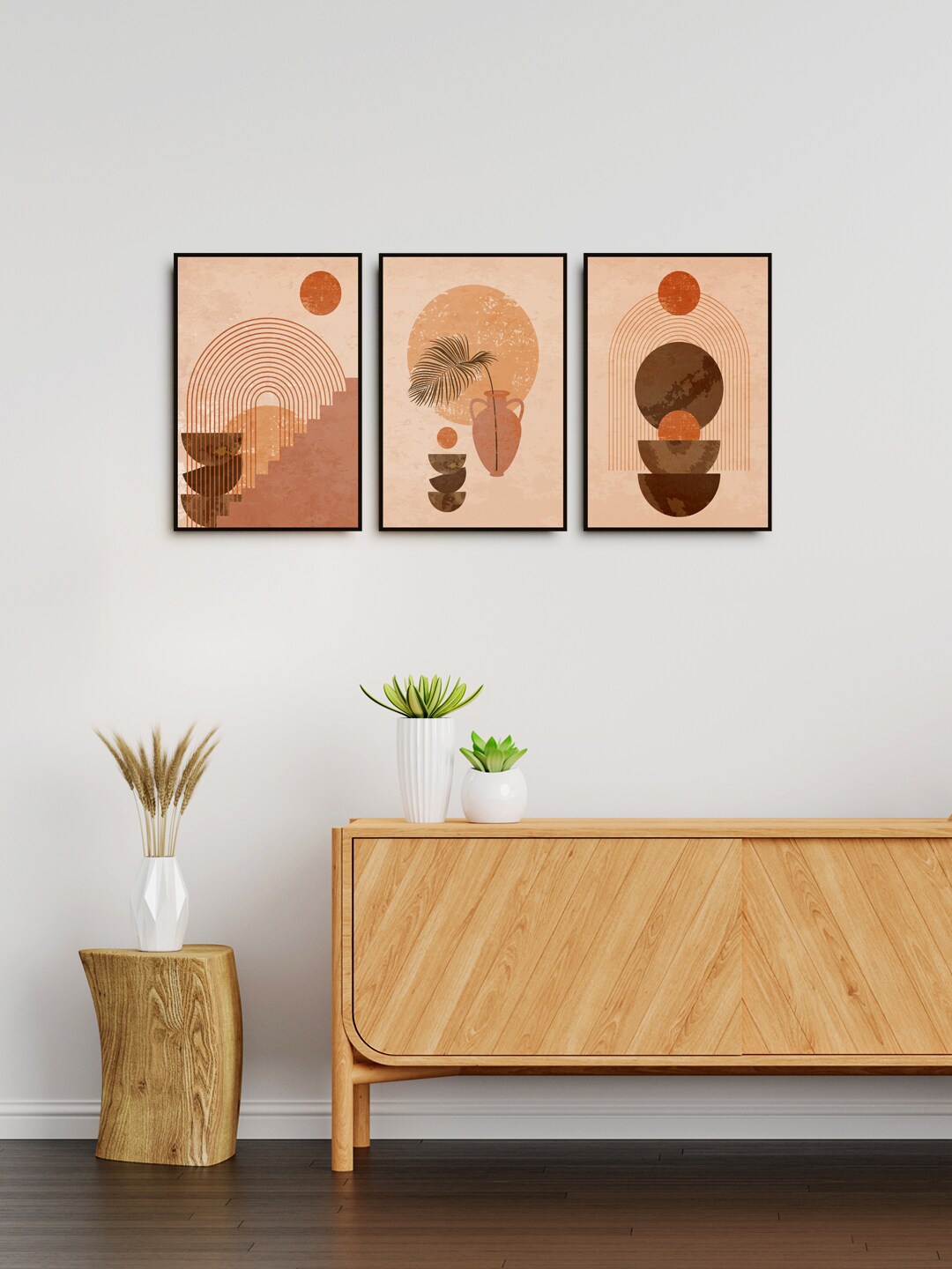 

999Store Set Of 3 Nude & Brown Minimal Line Painting Wall Art