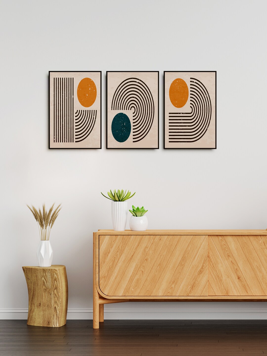 

999Store Set Of 3 Brown & Black Printed Abstract Line Art Framed Wall Painting