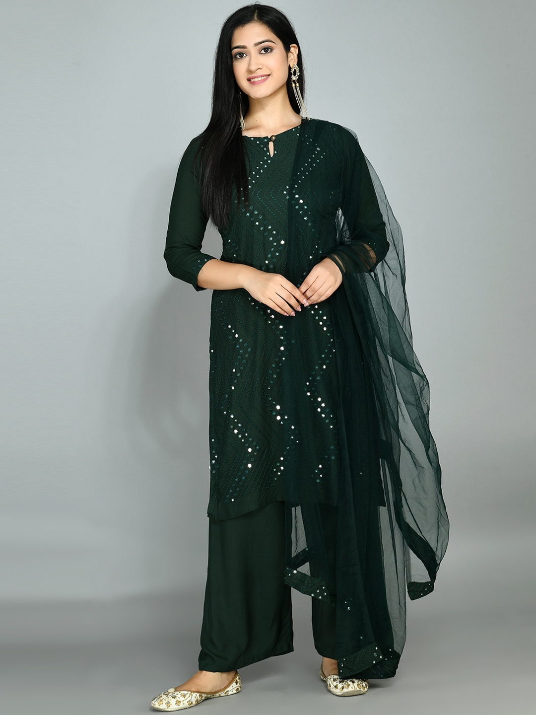 

Queenswear Creation Women Green Ethnic Motifs Embroidered Mirror Work Kurta with Palazzos & With Dupatta