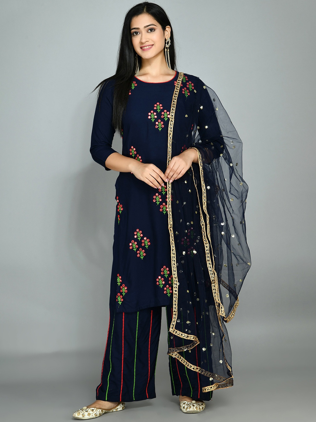 

Queenswear Creation Women Navy Blue Floral Embroidered Kurta with Palazzos & Dupatta