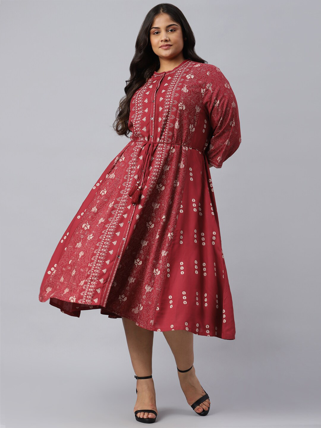 

W Red Ethnic Motifs Chiffon A-Line Midi Dress