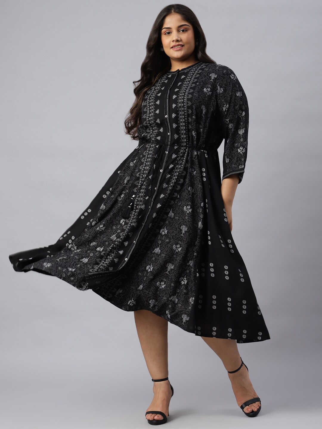 

W Women Black Ethnic Motifs Printed Chiffon Fit & Flare Midi Dress