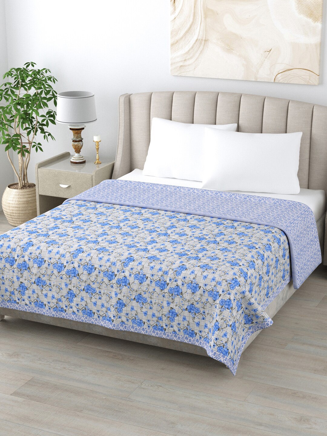 

Home Fresh White & Blue Floral AC Room 350 GSM Double Bed Dohar