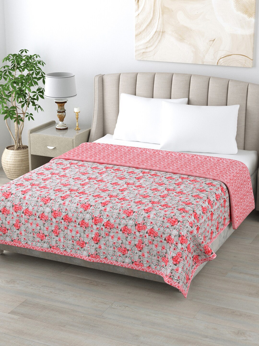 

Home Fresh Grey & Pink Floral AC Room 350 GSM Double Bed Dohar