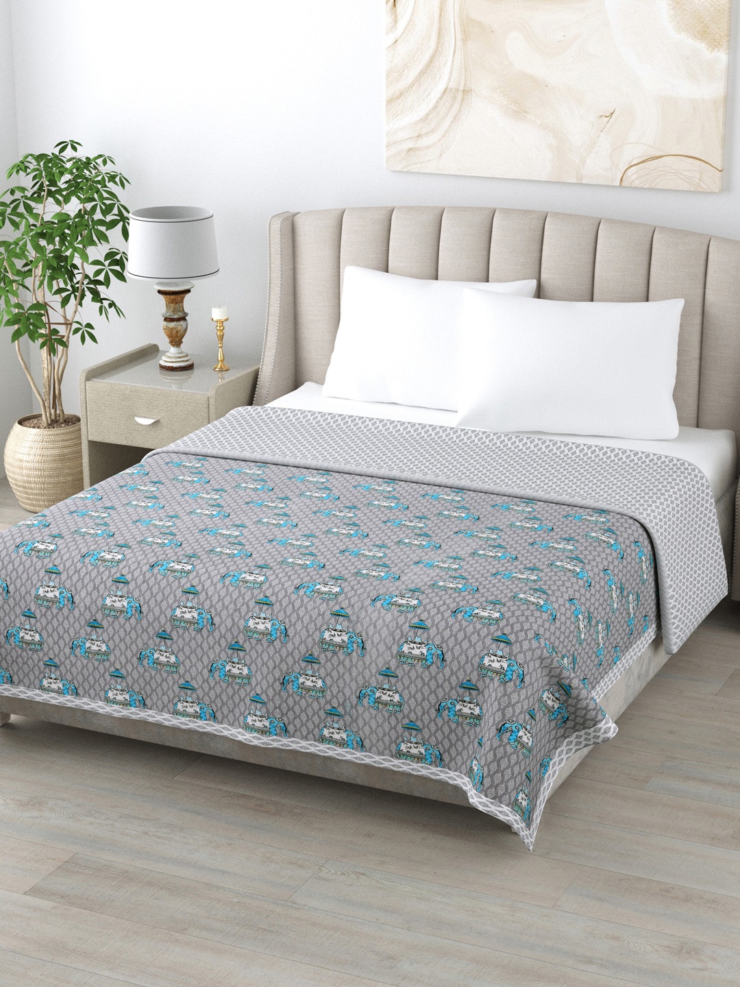 

Home Fresh Grey & Blue Ethnic Motifs AC Room 350 GSM Double Bed Dohar