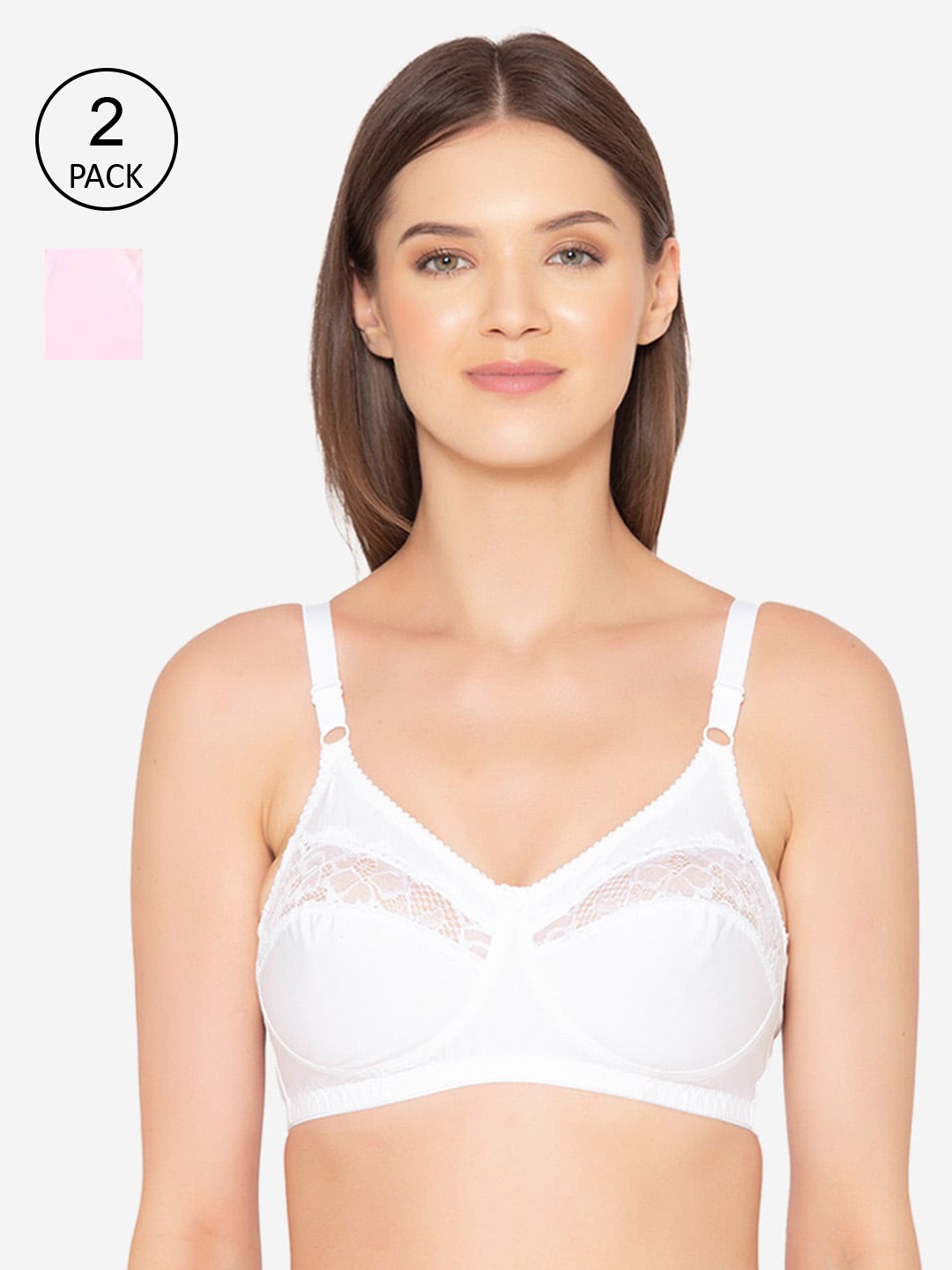 

GROVERSONS Paris Beauty Women Pack Of 2 Whit & Pink Full Coverage Cotton Lace Bra, White