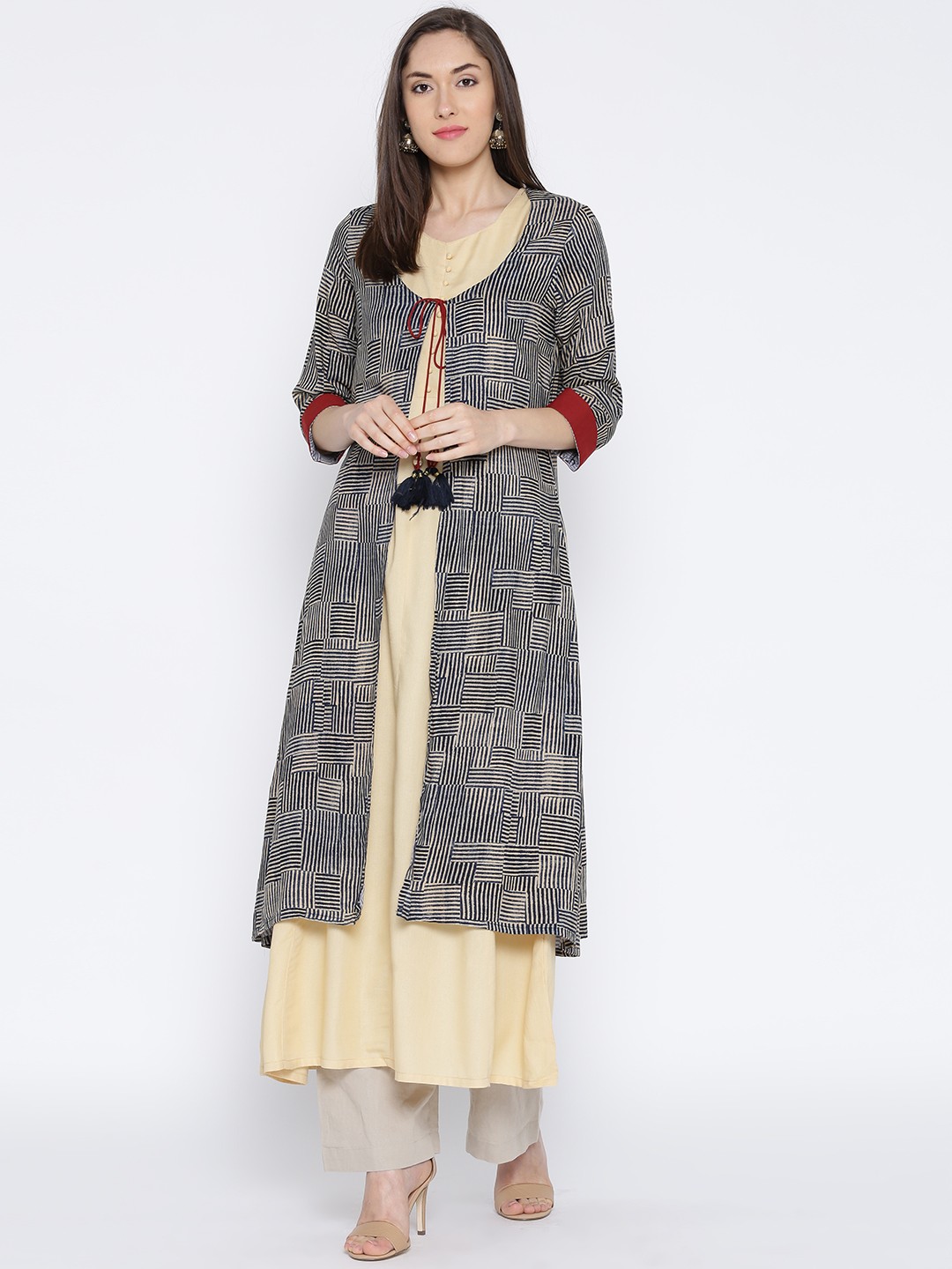 

Shree Women Beige & Navy Printed A-Line Kurta