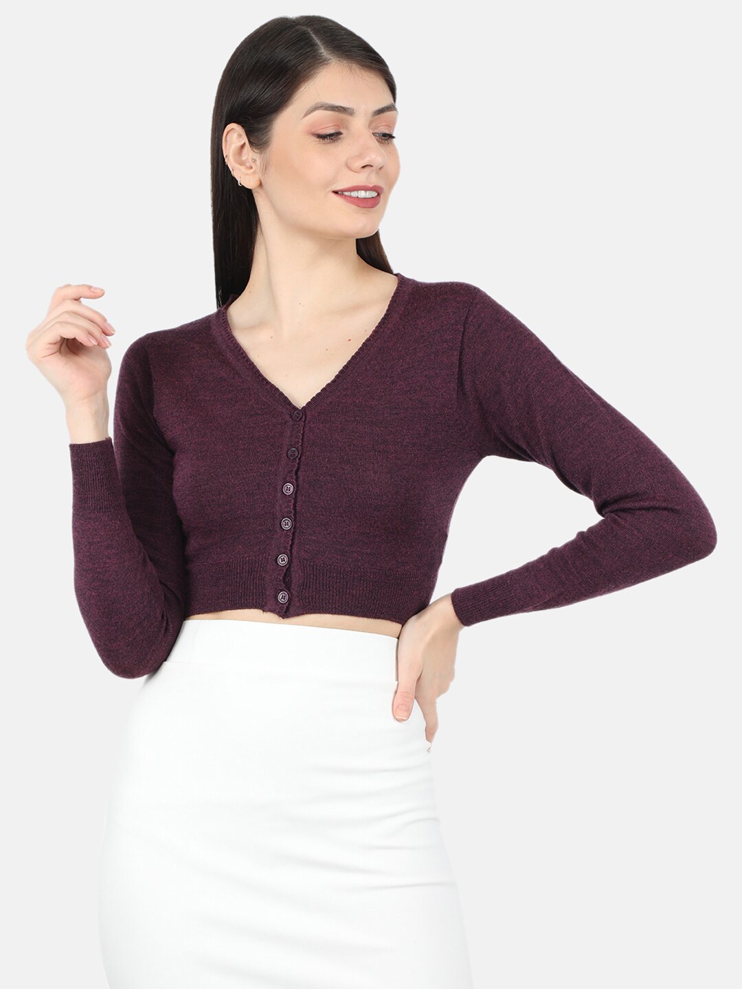 

Monte Carlo Women Maroon Solid Pure Wool Front Open V-Neck Crop Cardigan