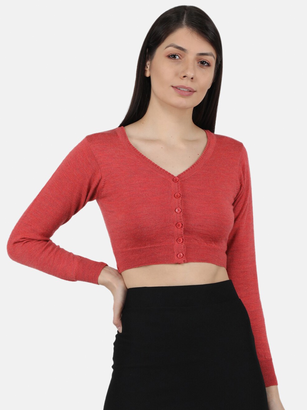 

Monte Carlo Women Red Solid Crop Cardigan