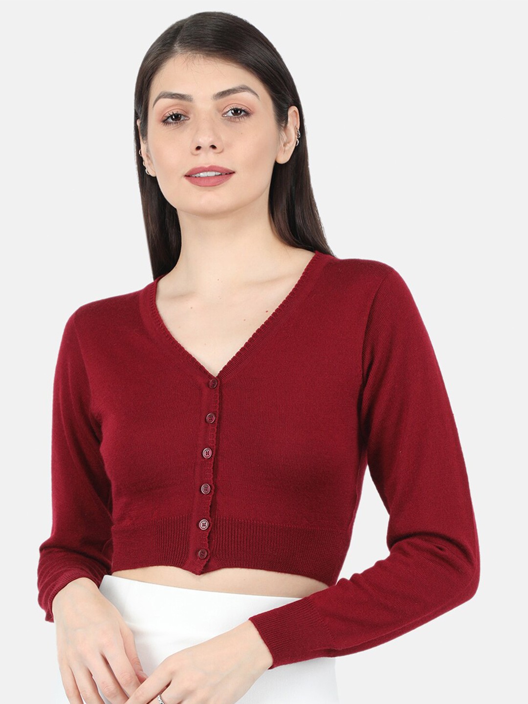 

Monte Carlo Women Maroon Solid Front Open Crop Cardigan