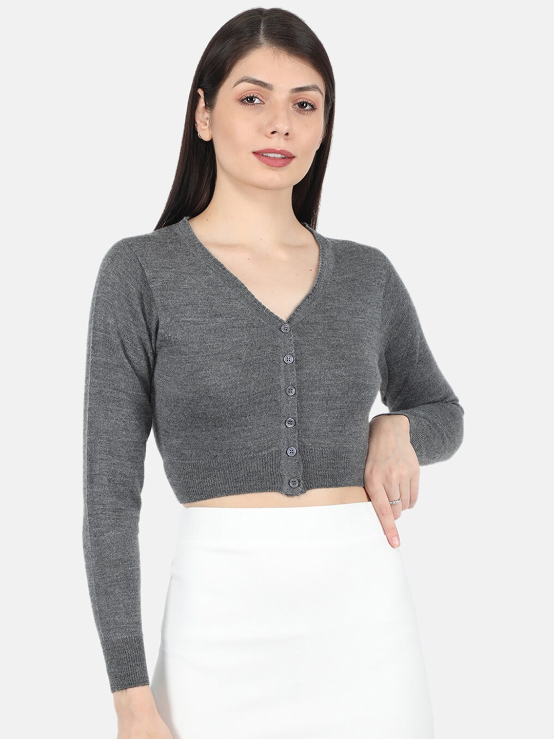 

Monte Carlo Women Grey Melange Crop Cardigan sweater