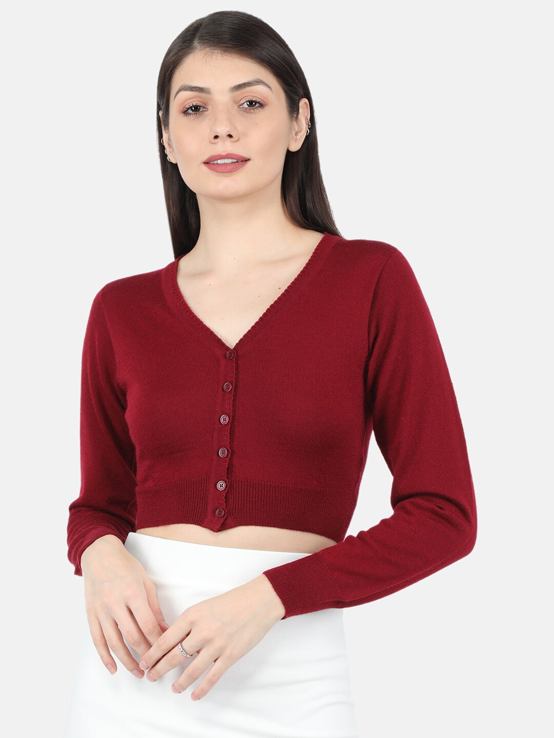 

Monte Carlo Women Maroon Pure Wool Crop Cardigan