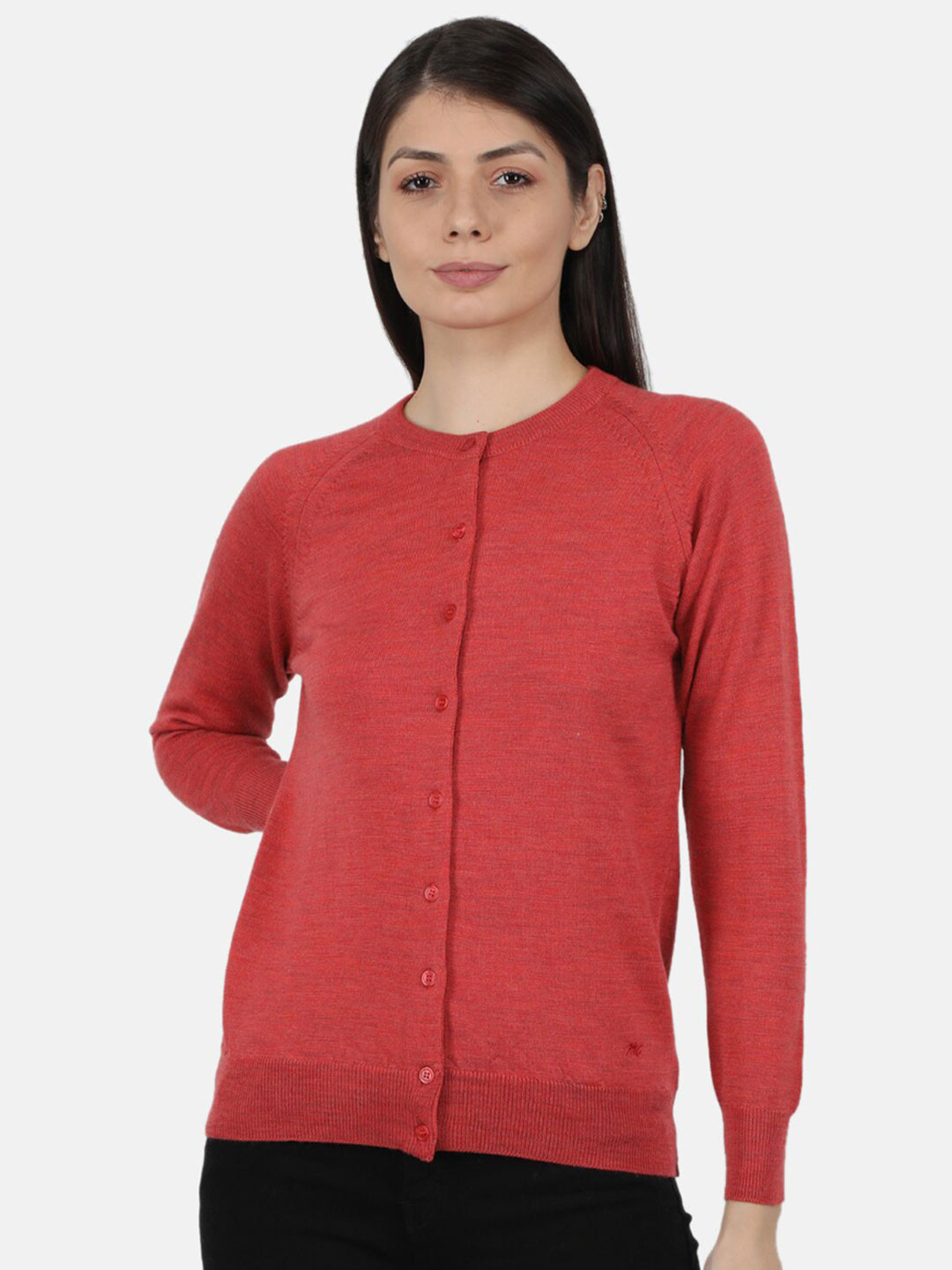 

Monte Carlo Women Red Solid Round Neck Pure Wool Cardigan