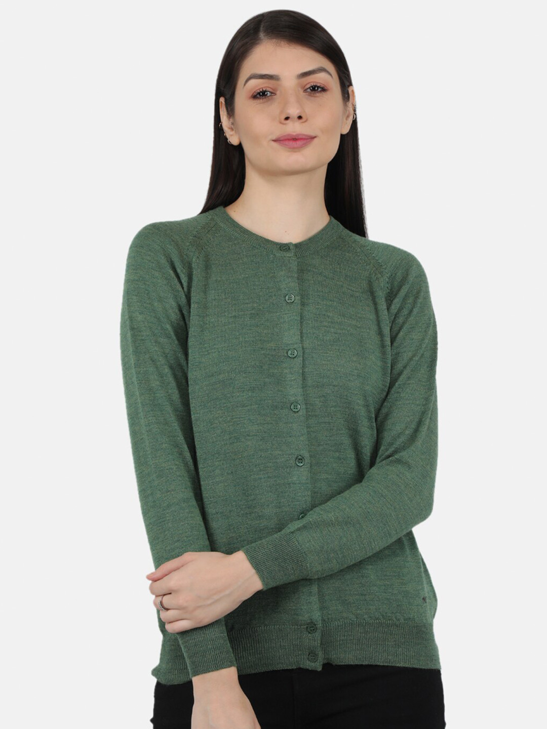

Monte Carlo Women Green Solid Pure Wool Round Neck Cardigan