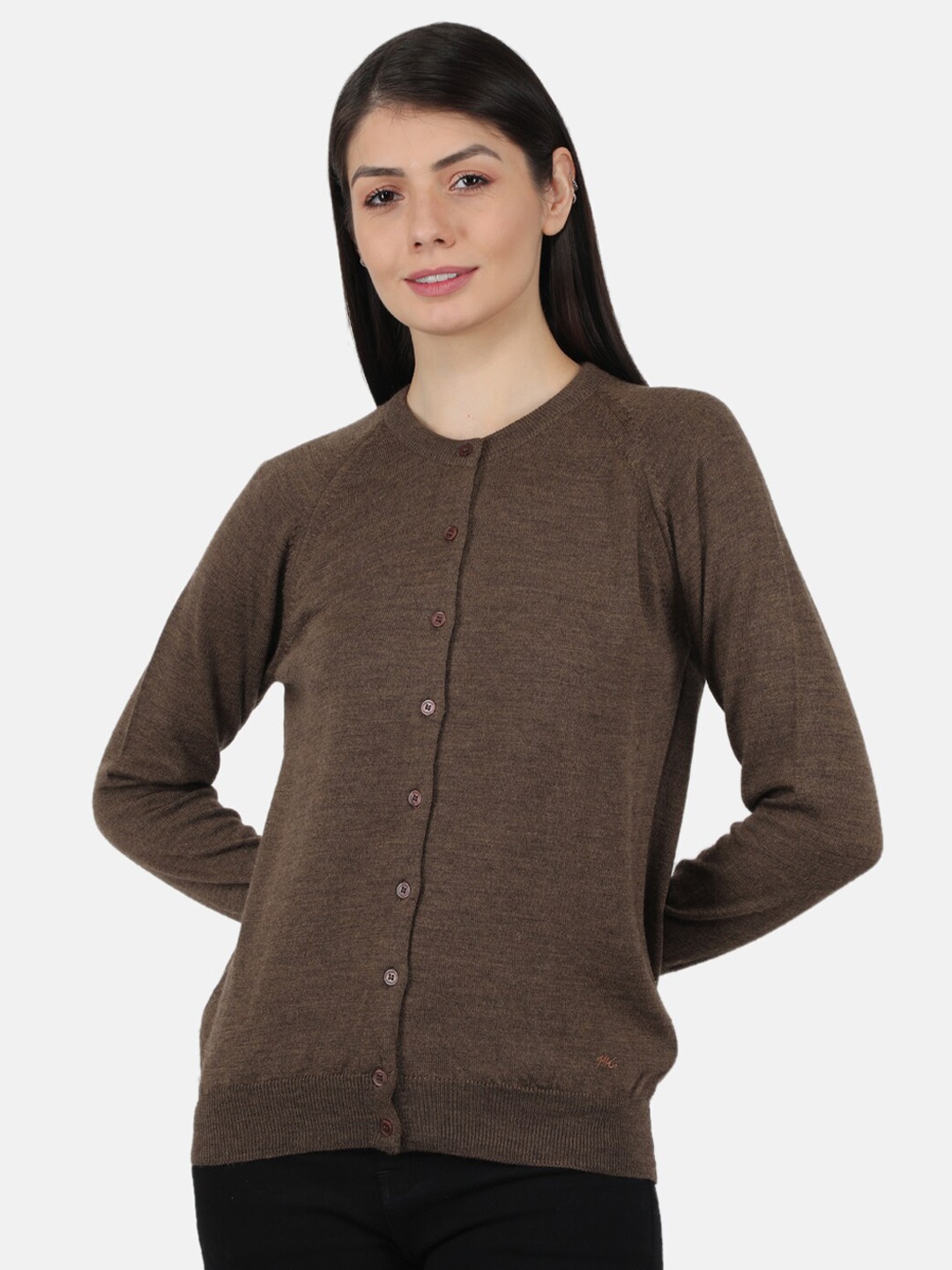 

Monte Carlo Women Solid Brown Pure Wool Round Neck Cardigan
