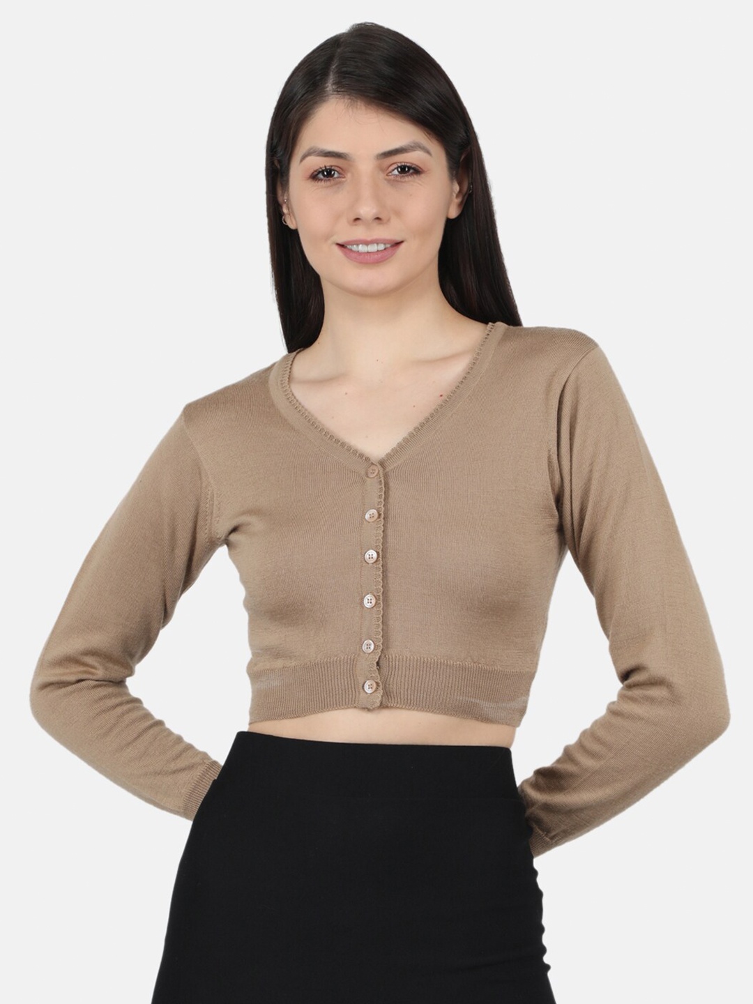 

Monte Carlo Women Beige Solid Crop Cardigan