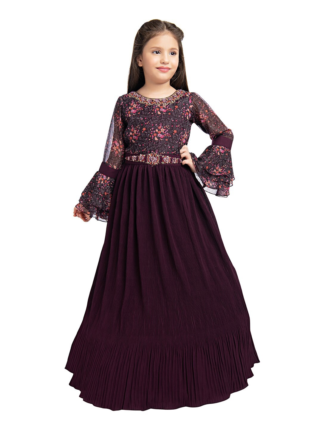 

BETTY Girls Burgundy Floral Printed Round Neck Belted Maxi Dress