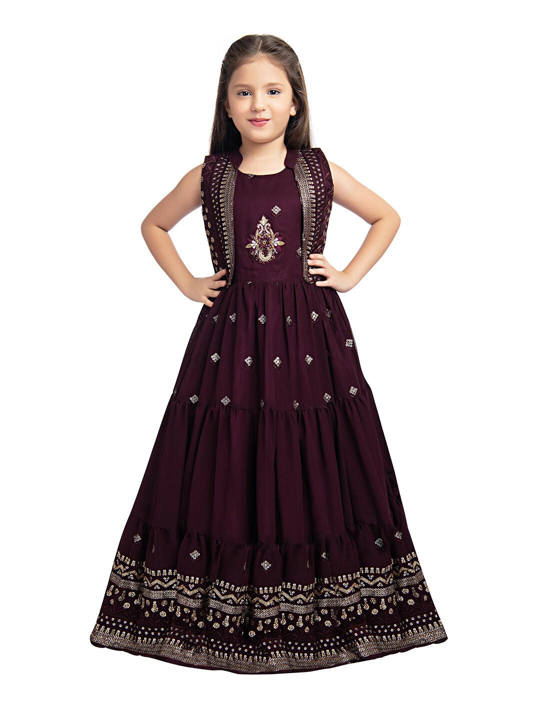 

BETTY Burgundy Embellished Embroidered Georgette Ethnic Maxi Dress