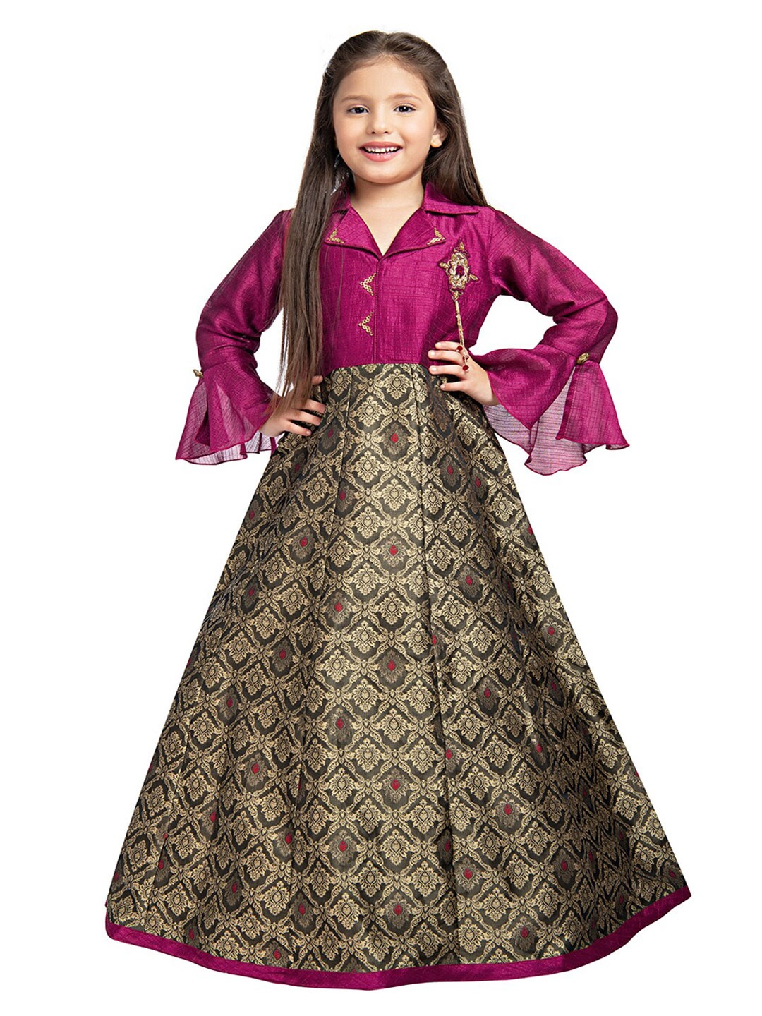 

BETTY Girls Burgundy & Brown Ethnic Motifs Ethnic Maxi Dress