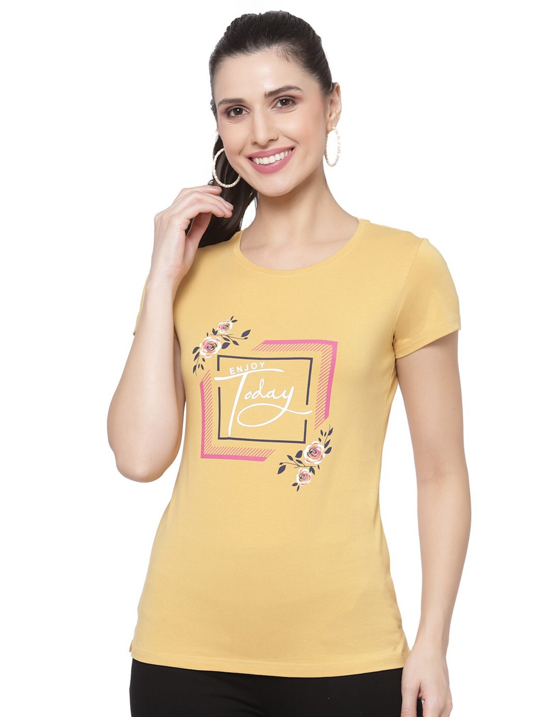 

Prag & Co Women Yellow Typography Printed Cotton Antimicrobial T-shirt