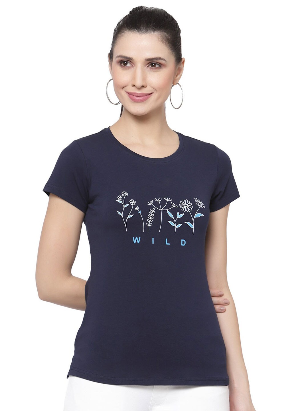 

Prag & Co Women Navy Blue Printed Antimicrobial T-shirt