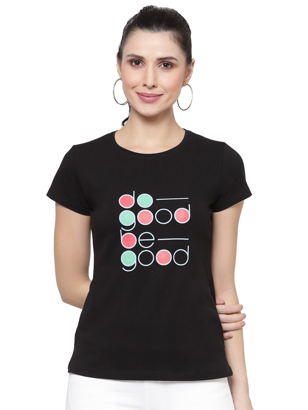 

Prag & Co Women Black Typography Printed Cotton Antimicrobial T-shirt