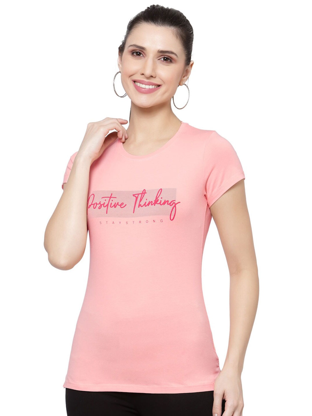 

Prag & Co Women Peach Printed Cotton Antimicrobial T-shirt