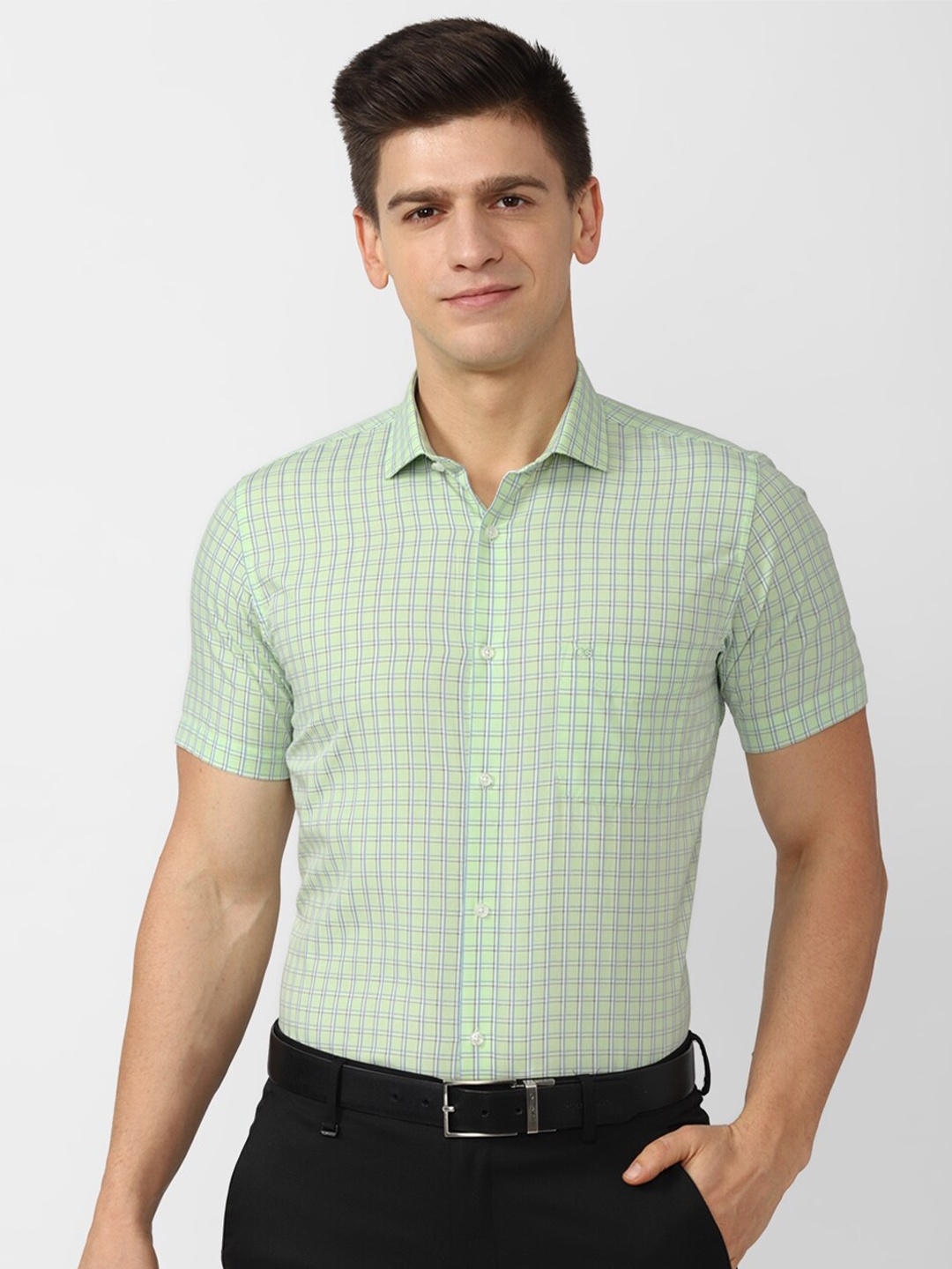 

Peter England Men Green Slim Fit Gingham Checks Checked Formal Shirt