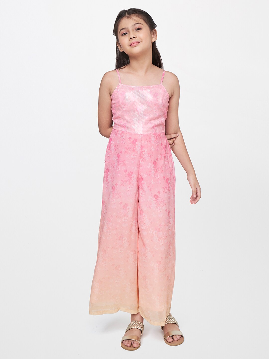 

AND Girls Pink Printed Basic Jumpsuit with Embellished