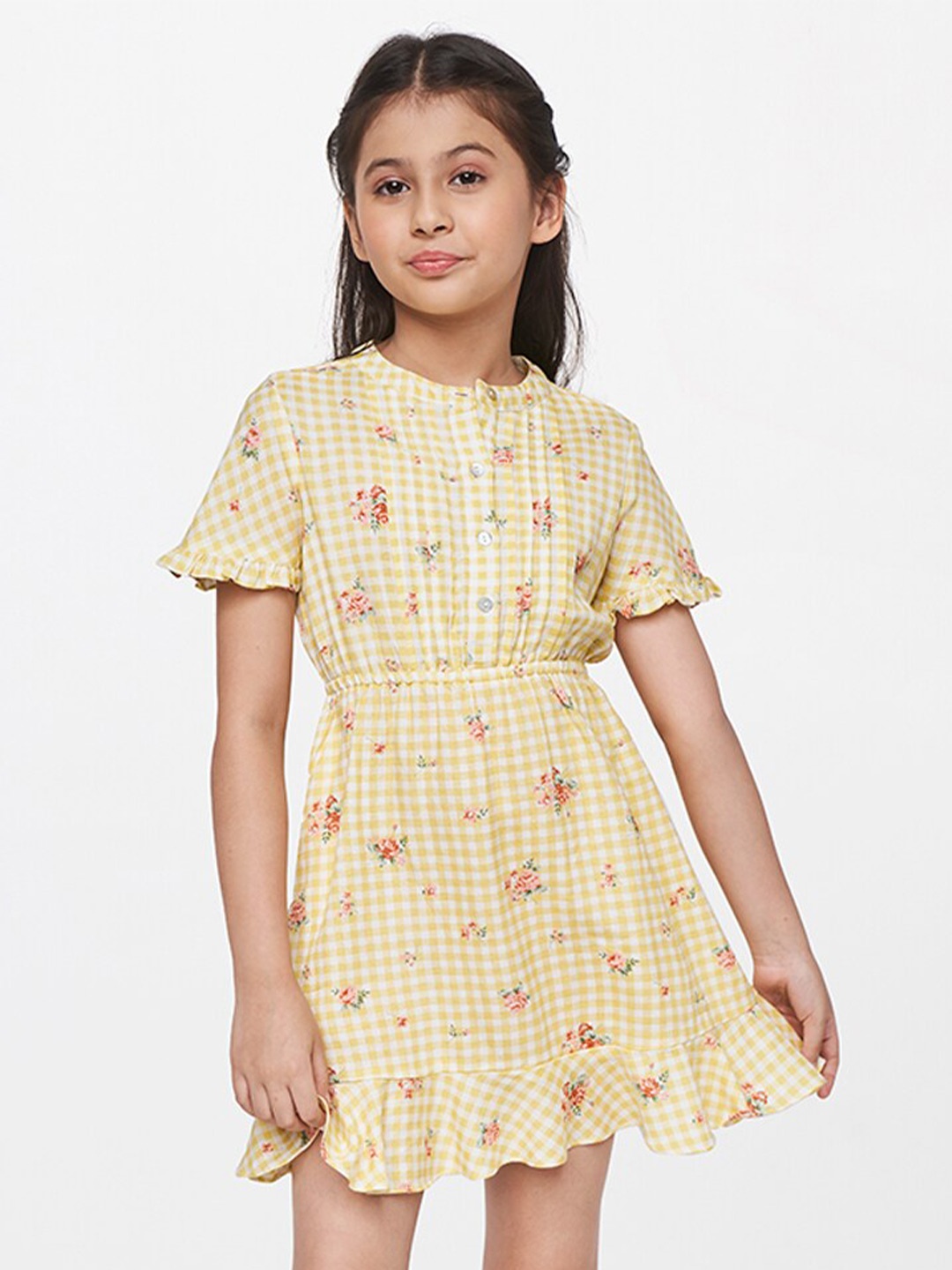 

AND Kids Yellow Floral Checked Shirt Dress