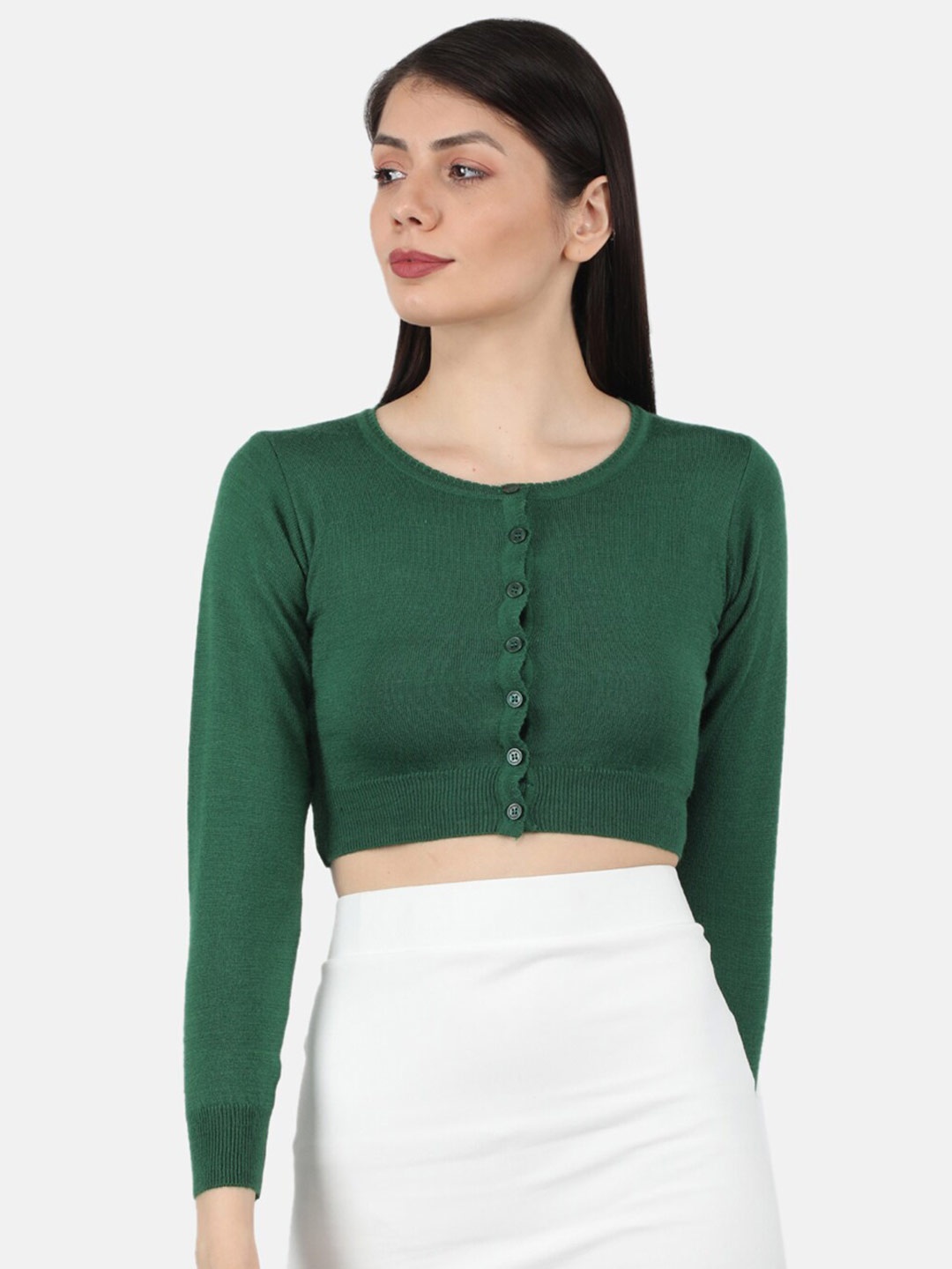 

Monte Carlo Women Green Crop Solid Front Open Cardigan